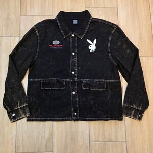 Playboy International Black Denim Jacket Mens L Graphic Button Front